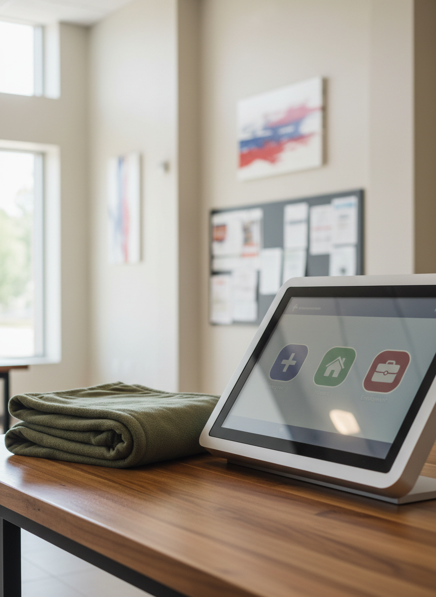 A neatly folded military-style fleece blanket in muted olive green, carefully placed on a sturdy wooden table beside a sleek, modern information kiosk displaying icons of emergency assistance, housing, and employment (without readable text). The setting is a bright, well-organized support center lobby with neutral walls, patriotic colors hinted through abstract artwork, and a bulletin board blurred in the background. Soft, diffused daylight from large windows creates gentle highlights on the blanket’s textured surface and subtle reflections on the kiosk screen. Photographic realism, eye-level composition, and shallow depth of field focus attention on the symbols of help and comfort, conveying a calm, professional, and reassuring atmosphere suitable for a veterans support foundation homepage hero image.