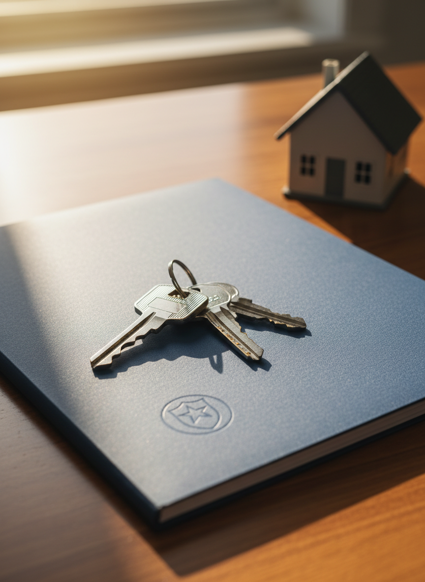 A close-up, photographic scene of a sturdy set of house keys resting on a clean, dark blue folder stamped with a subtle embossed emblem of a shield and star, no readable text. The folder lies on a polished wooden desk with a small model home in soft focus behind it, suggesting secure housing resources. Warm afternoon light filters in from a window to the left, casting gentle shadows and glints on the metal keys. The composition uses the rule of thirds and a shallow depth of field, evoking stability, dignity, and hope. The aesthetic is professional and realistic, ideal for illustrating veteran housing assistance without showing people.