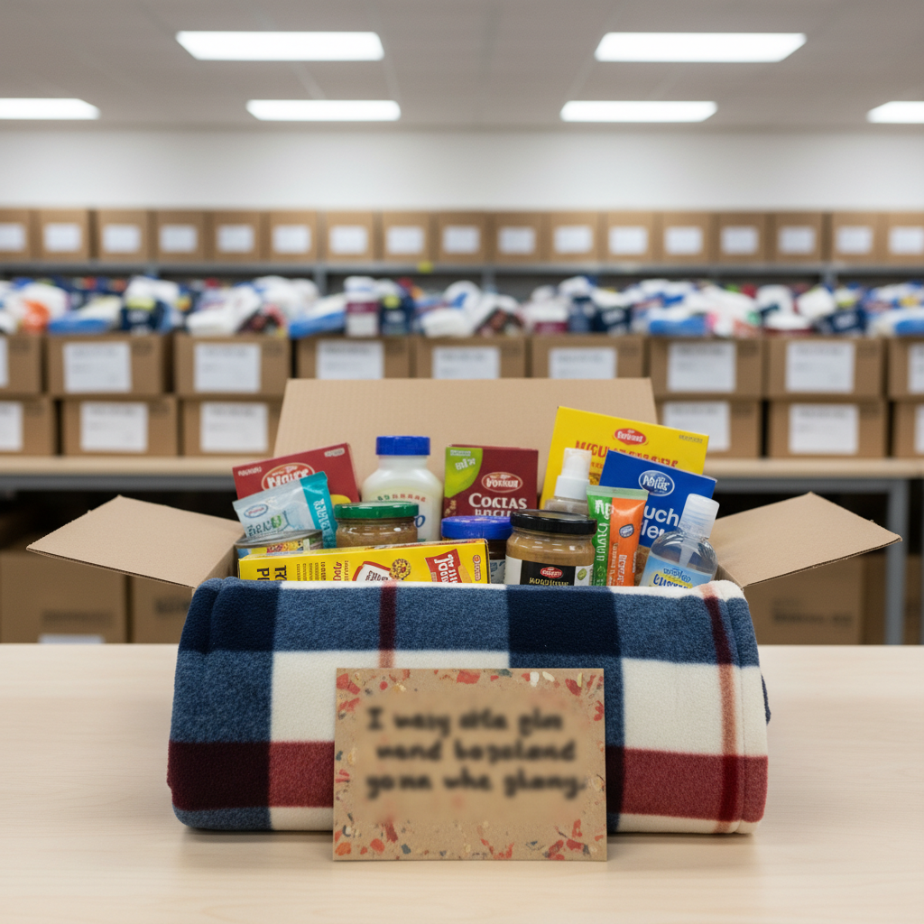 A carefully arranged care package box, open on a neutral-toned table, overflowing with neatly organized nonperishable food items, toiletries, and a folded fleece blanket in subdued patriotic colors. A small, handwritten-style card is tucked visibly at the front, its writing indistinct to avoid legibility but clearly conveying gratitude and support. The background shows shelves of additional labeled boxes and supplies in soft focus, suggesting a well-run operation. Overhead soft white lighting evenly illuminates the scene, giving everything a clean, professional appearance. Photographic realism, eye-level angle, and moderate depth of field create a sense of organized compassion, perfectly representing an Operation Care Packages initiative for veterans and their families.