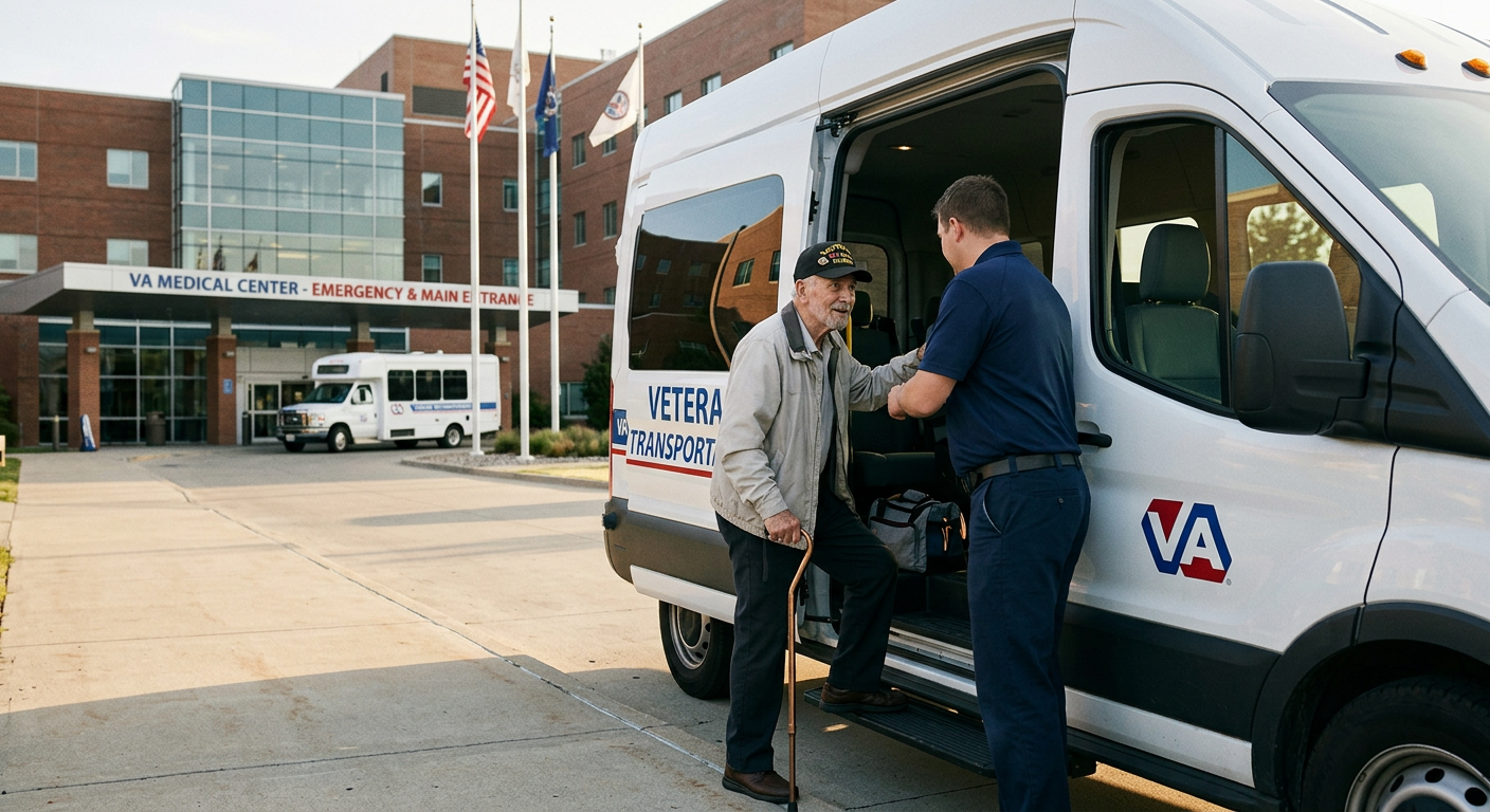 Veteran with cane getting help boarding VA transportation van outside VA medical center